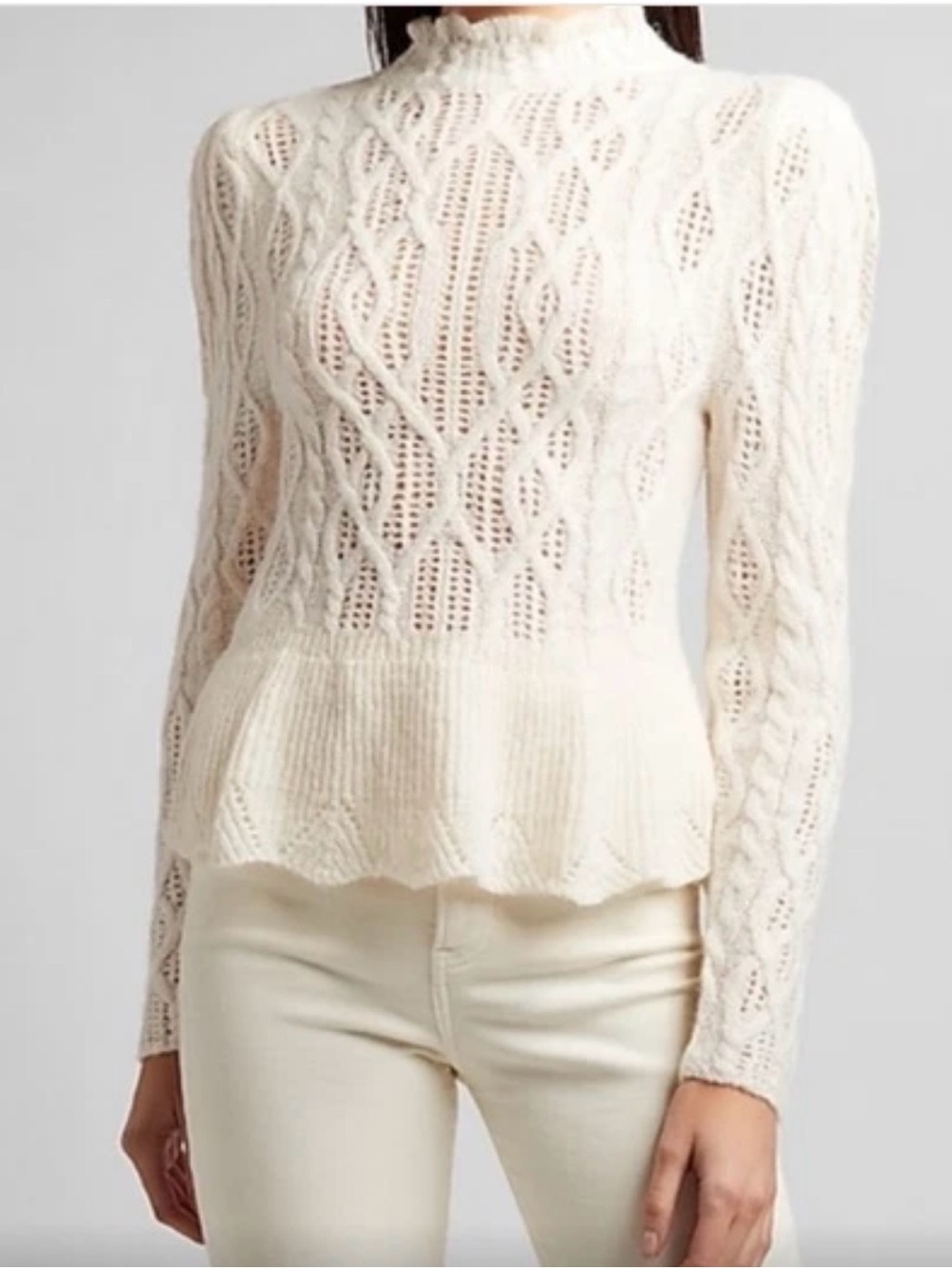 Express Women Ivory Cable Knit Pointelle Peplum Mock Neck Sweater Cream Size L